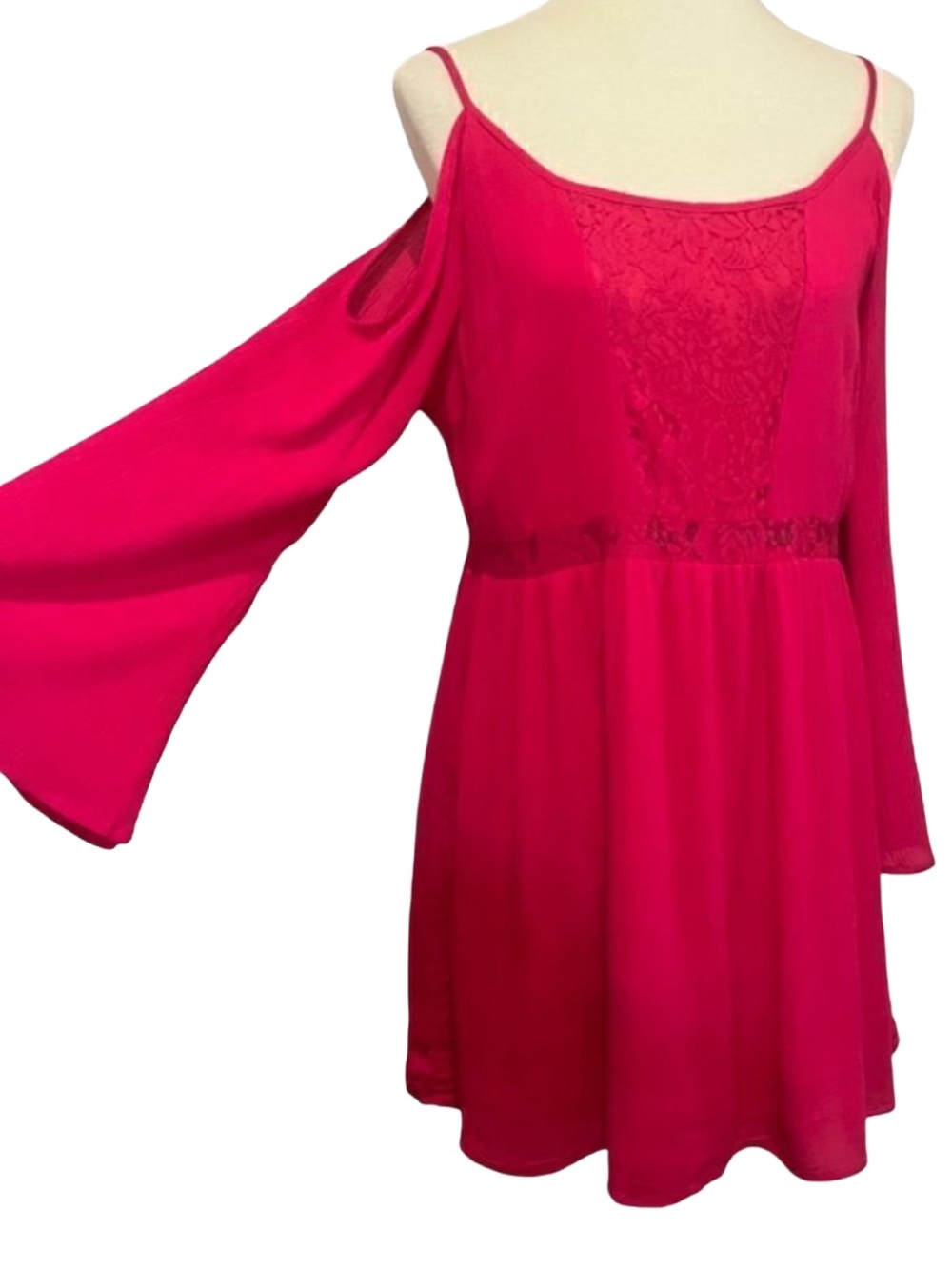 Magenta Bell Sleeve Cold Shoulder Lace Babydoll Dress Boho Festival Size Large